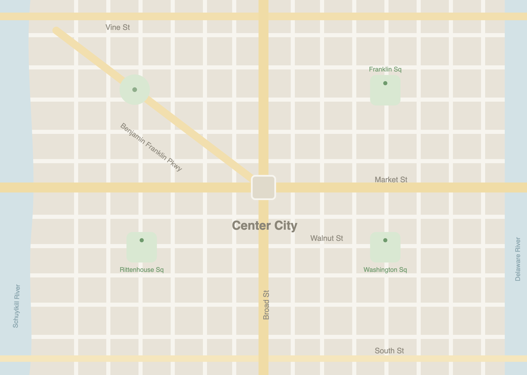 Stylized street map of Center City Philadelphia with a mailing radius drawn around a business location